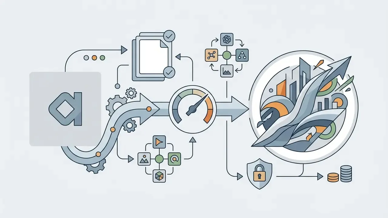 Logo transitioning through a speed gauge and data nodes into a stylized campaign visual with a lock icon