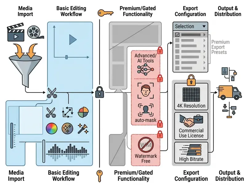 Infographic showing the flow from basic editing tools to locked premium features and export options