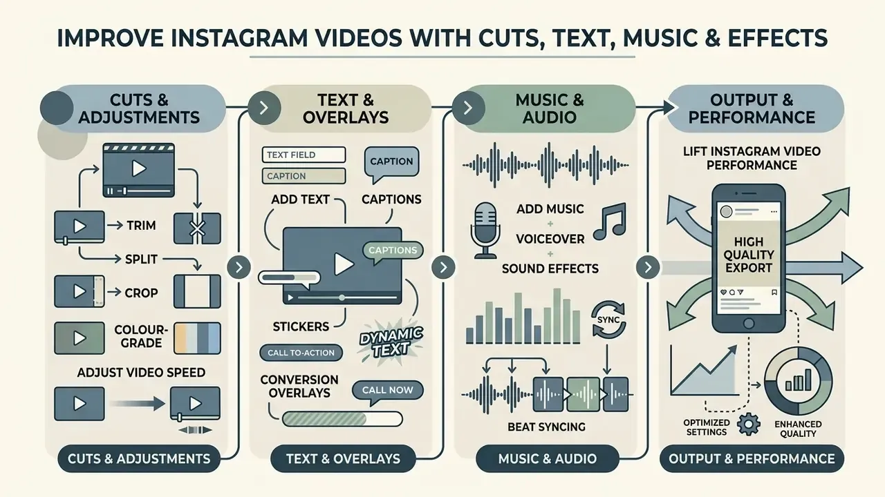 Infographic showing the four-step process to edit videos for Instagram using cuts, text, audio, and exports