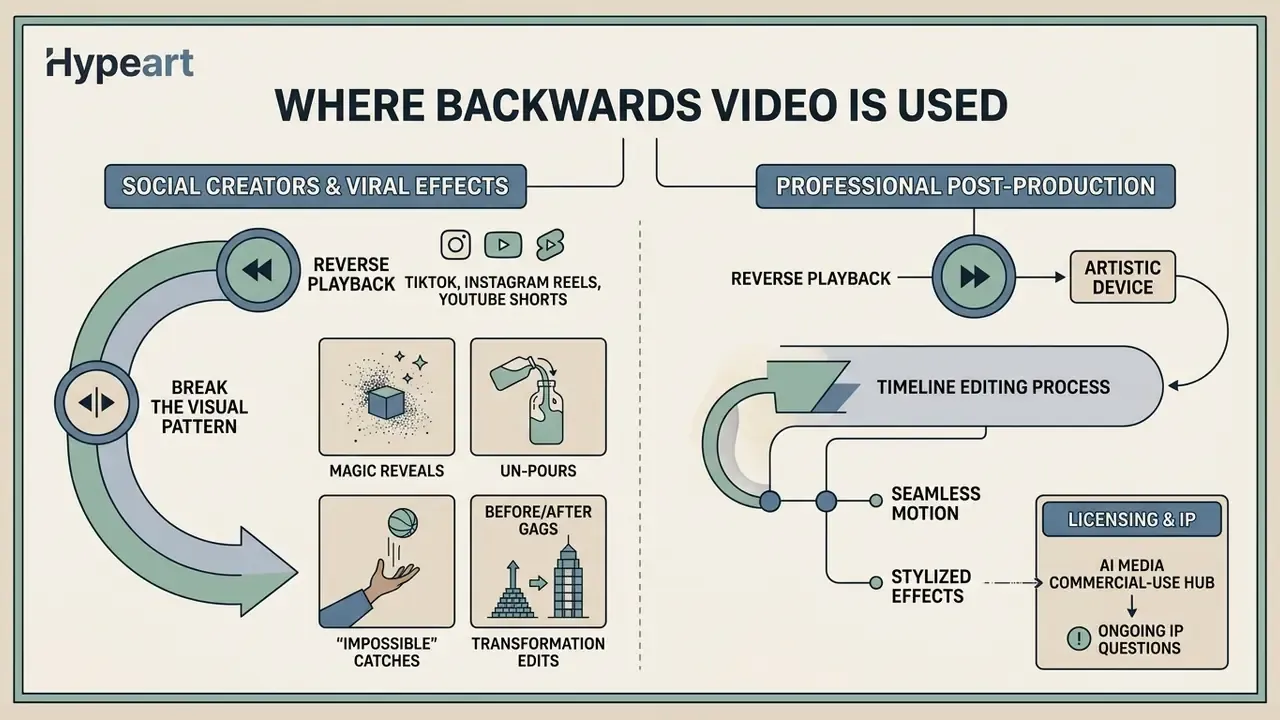 Diagram comparing reverse playback applications in social media content and professional editing workflows