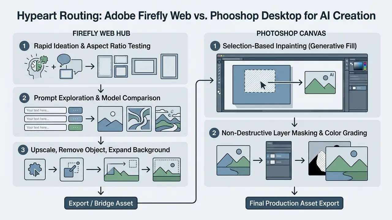 Diagram comparing the creative workflows between the Adobe Firefly web hub and the Photoshop desktop app