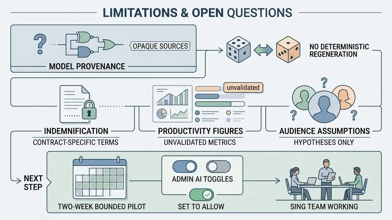 Infographic summarizing risks of Canva AI generator including model opacity, unvalidated metrics, and pilot steps