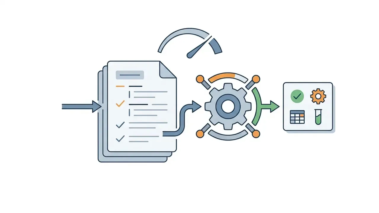 Documents moving through a gear mechanism to a dashboard with icons for tasks, settings, and testing