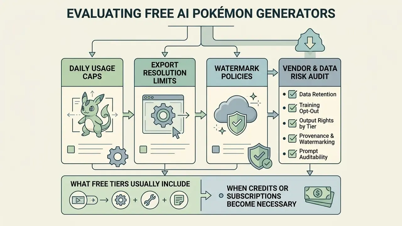 Checklist for evaluating a Pokemon AI generator covering usage caps, resolution, watermarks, and data risk