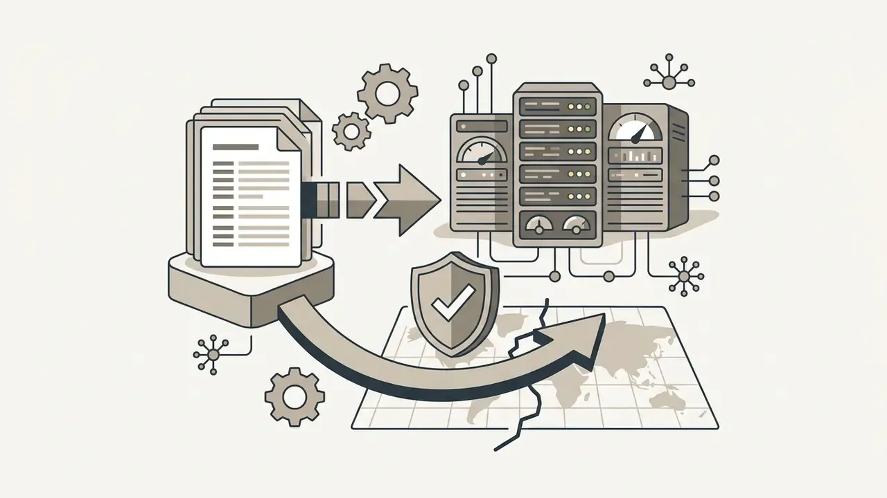 Documents moving toward server racks and a world map protected by a shield icon
