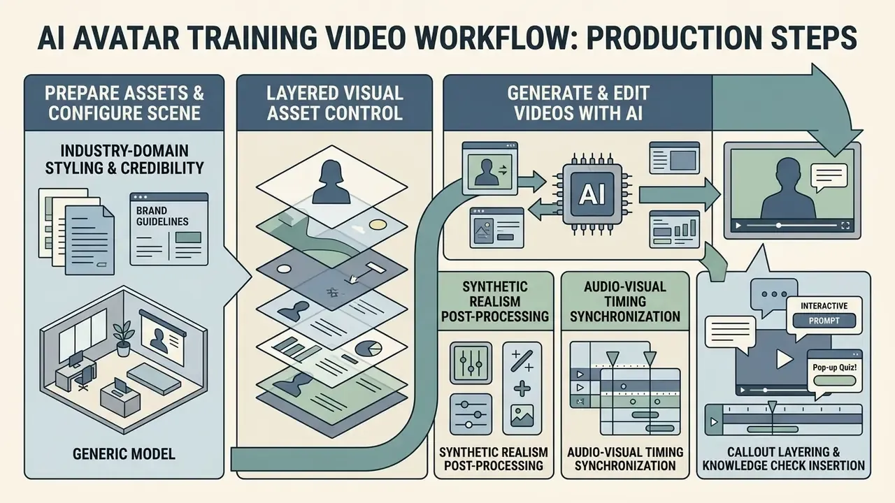 Workflow diagram showing asset preparation, layered visual control, AI generation, and interactive elements