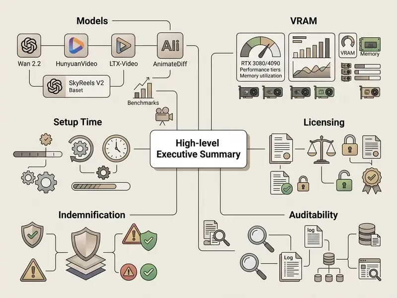 Mind map showing six key factors for open source AI video deployment including models and infrastructure