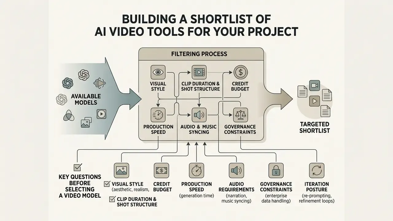 Process diagram showing how to filter various AI video models into a targeted project shortlist