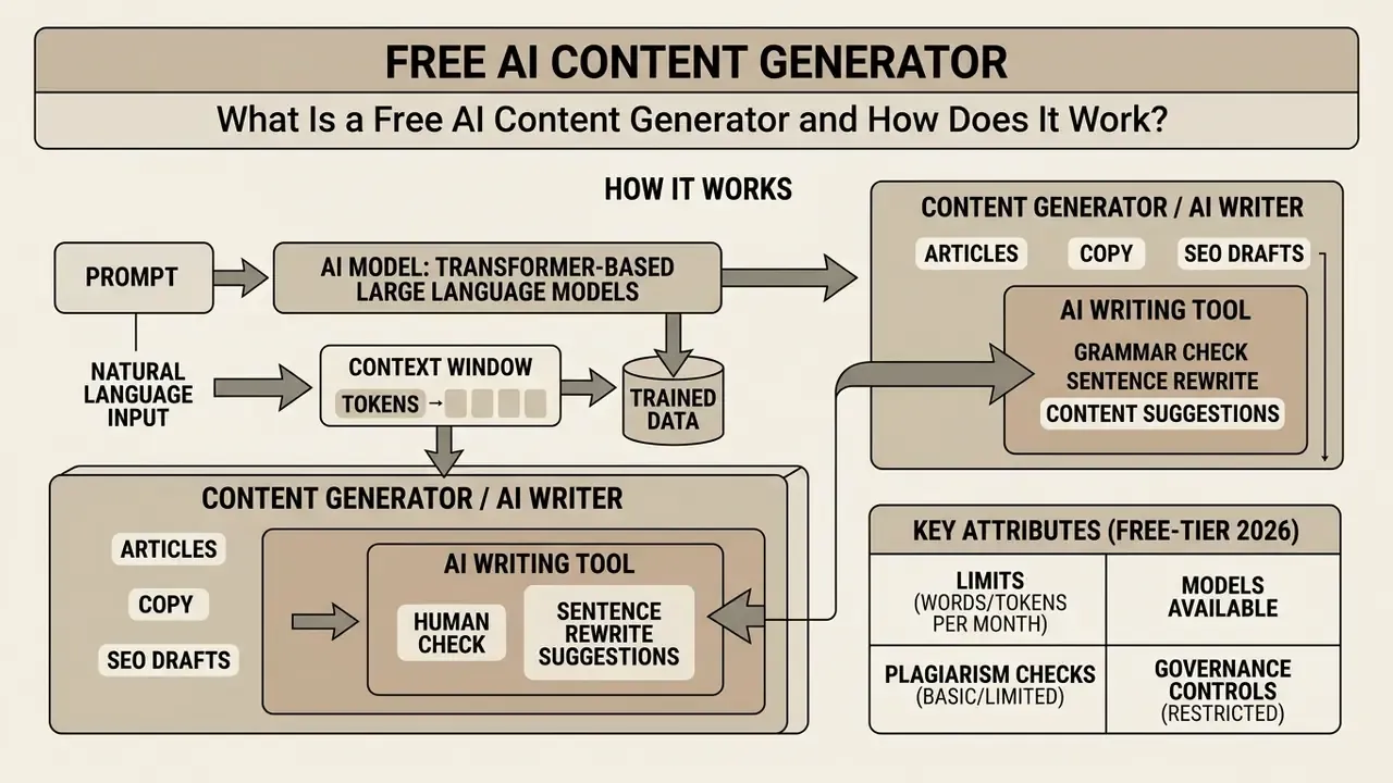 Infographic flowchart showing how a free AI content generator processes prompts into text outputs
