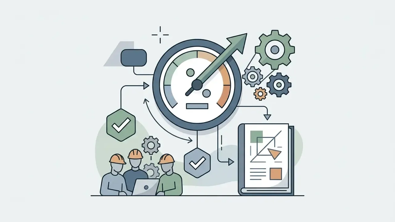 Engineers working at a laptop with a speed gauge, gears, and a technical manual icon