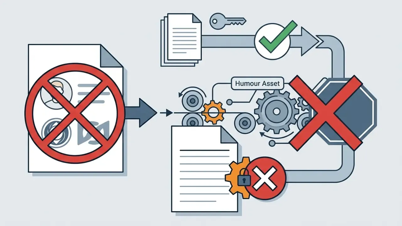 Document with a red cross moving through gears and being blocked by a stop sign symbol