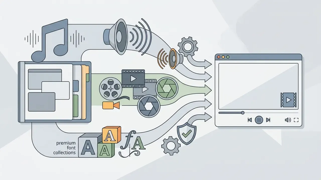 Music, stock footage, and font assets funneling into a media player interface for video production
