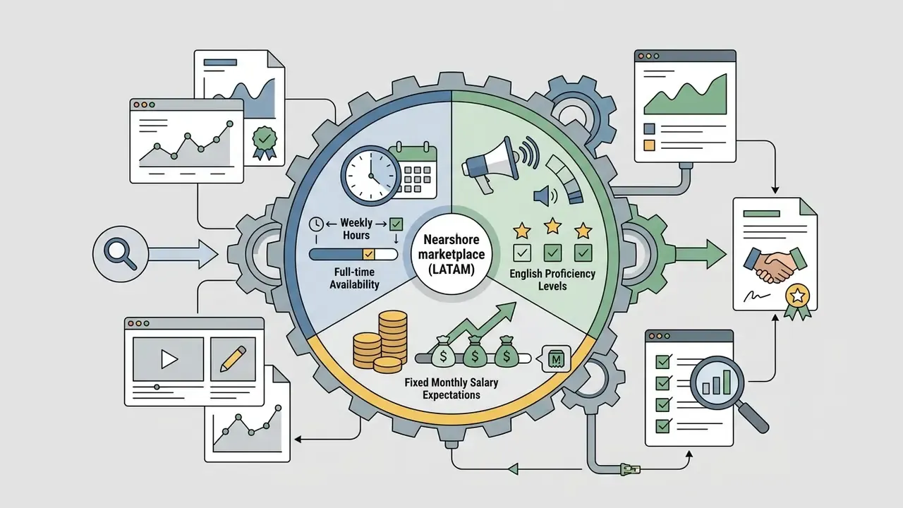 Gear graphic showing nearshore marketplace metrics for weekly hours, English proficiency, and salary