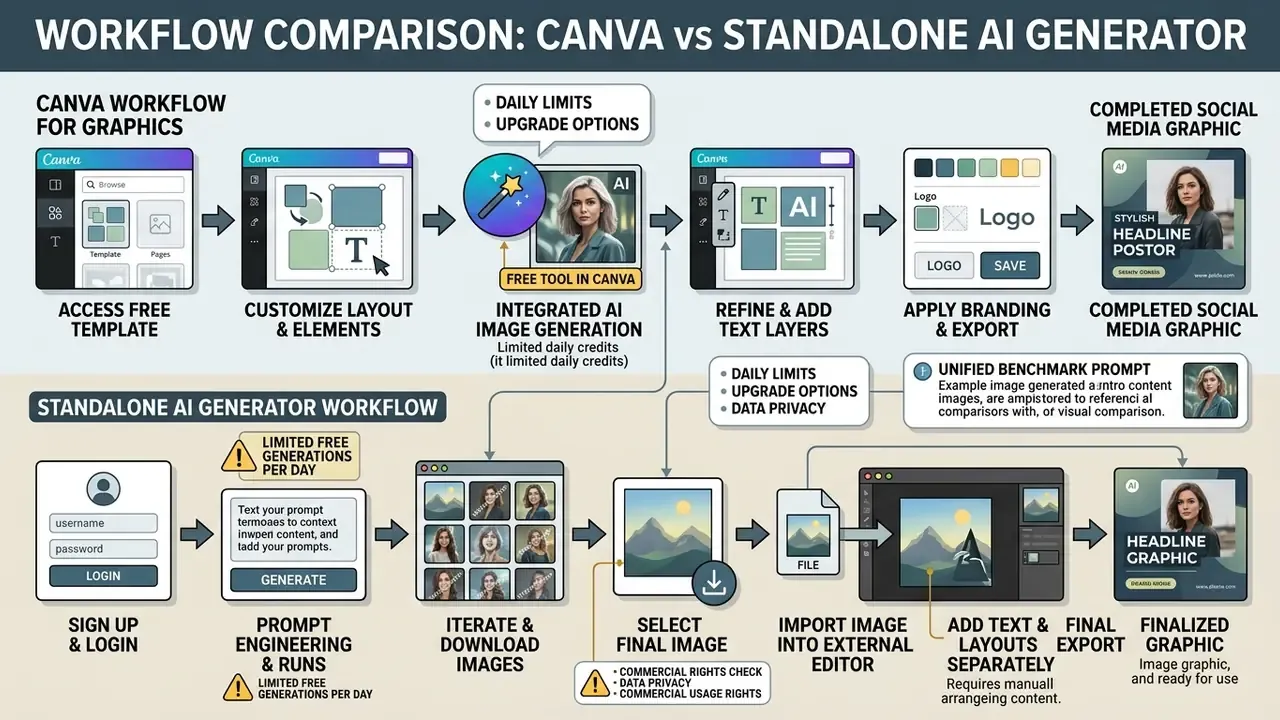 Flowchart comparing the integrated Canva AI workflow against a standalone AI generator production process