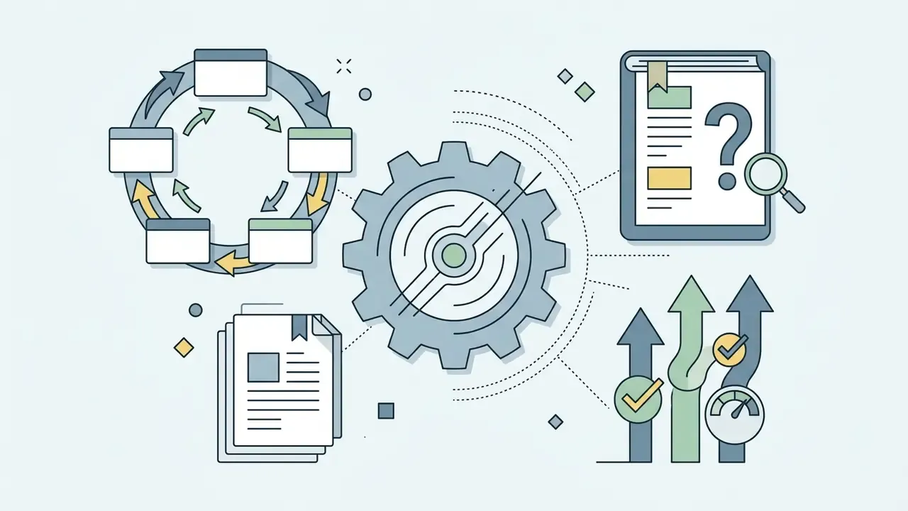 Central gear mechanism connecting a circular process, document analysis, and upward progress charts