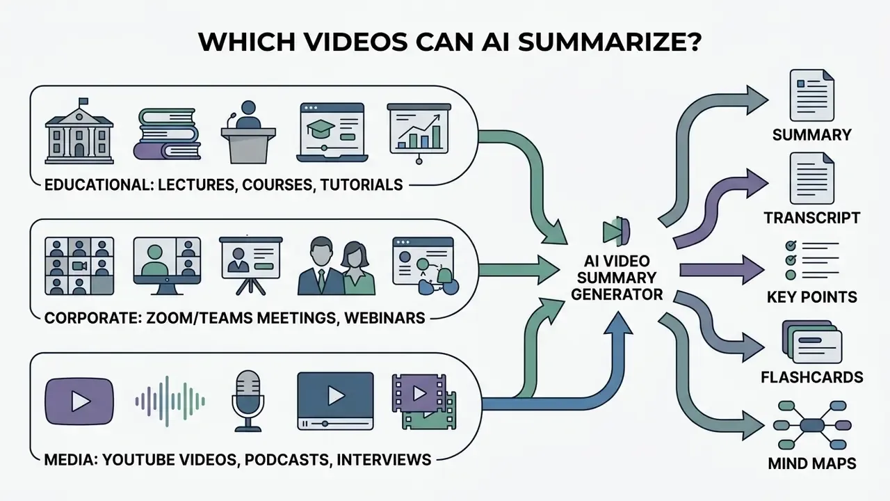 Categorized video content feeding into a central AI video summary generator to produce various output formats