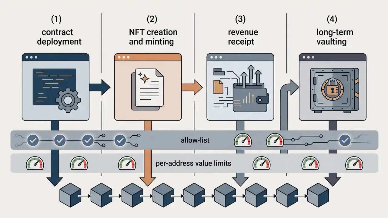 Four distinct operational stages for NFT management linked to an allow-list and value limit gateway
