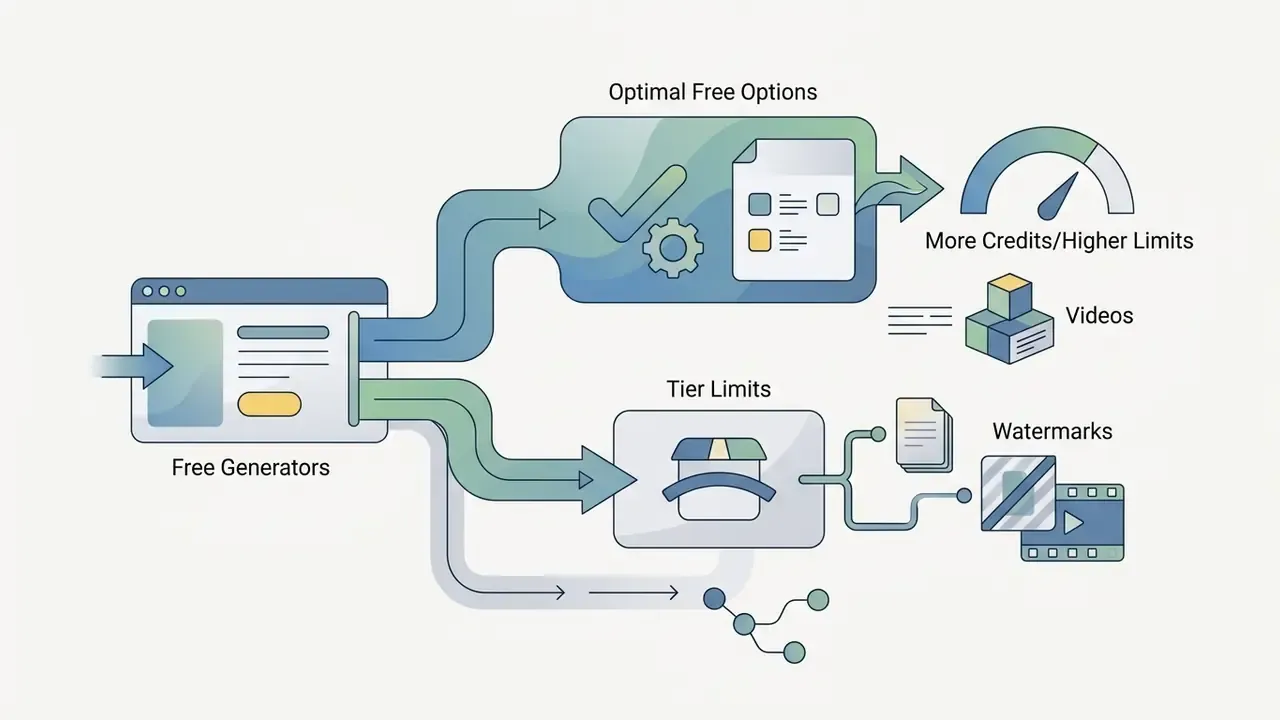 Flowchart showing free generator options branching into credit limits, video output, and watermarks