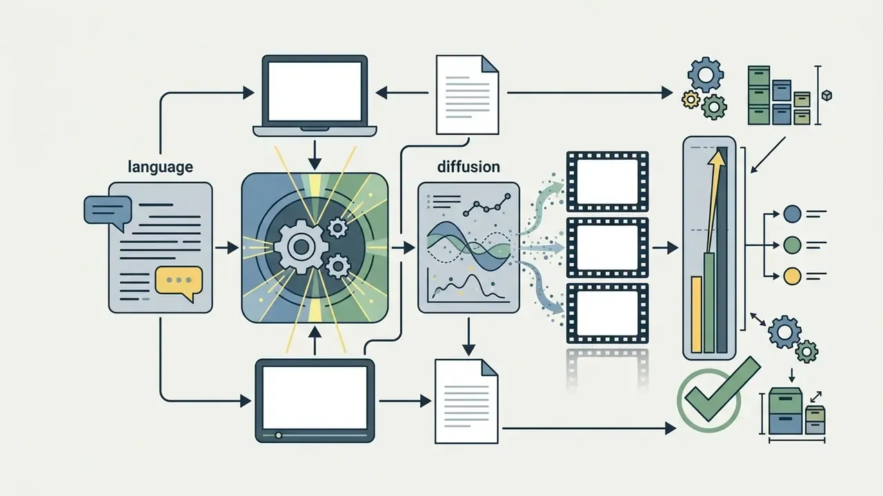 System architecture showing language and diffusion components processing inputs into video generation model outputs