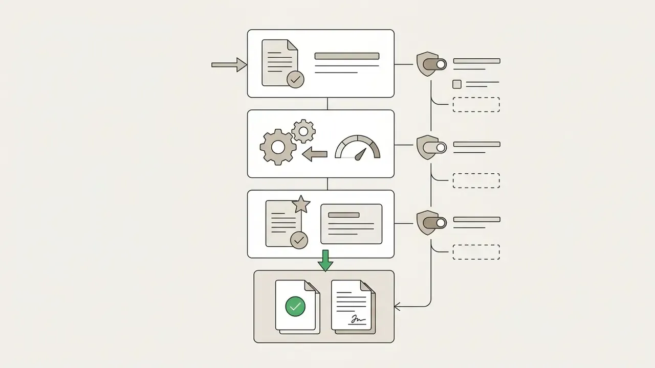 Vertical process blocks showing document review, gear-driven performance tuning, and final sign-off steps