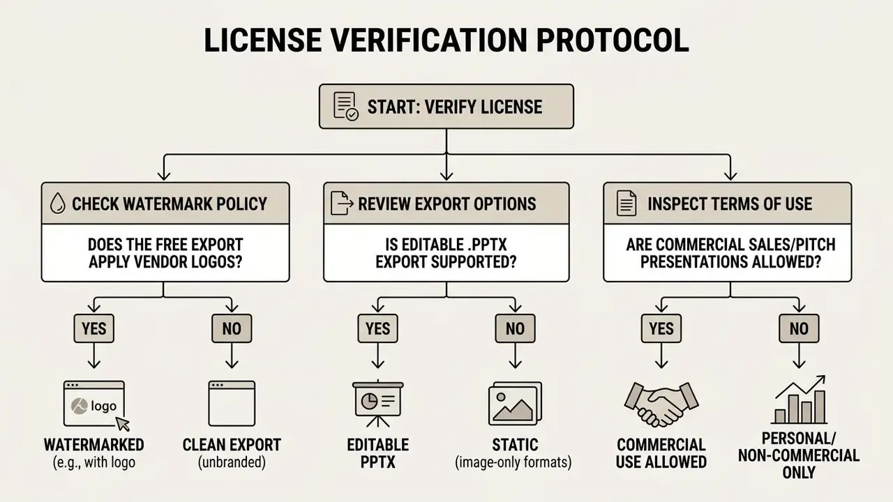 Decision tree outlining steps to evaluate software watermarks, export file formats, and usage rights