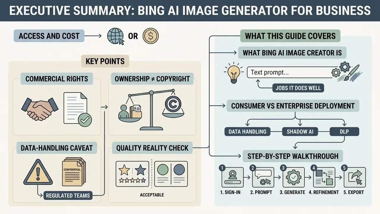 Infographic outlining key business considerations for Bing AI Image Creator including rights and workflows