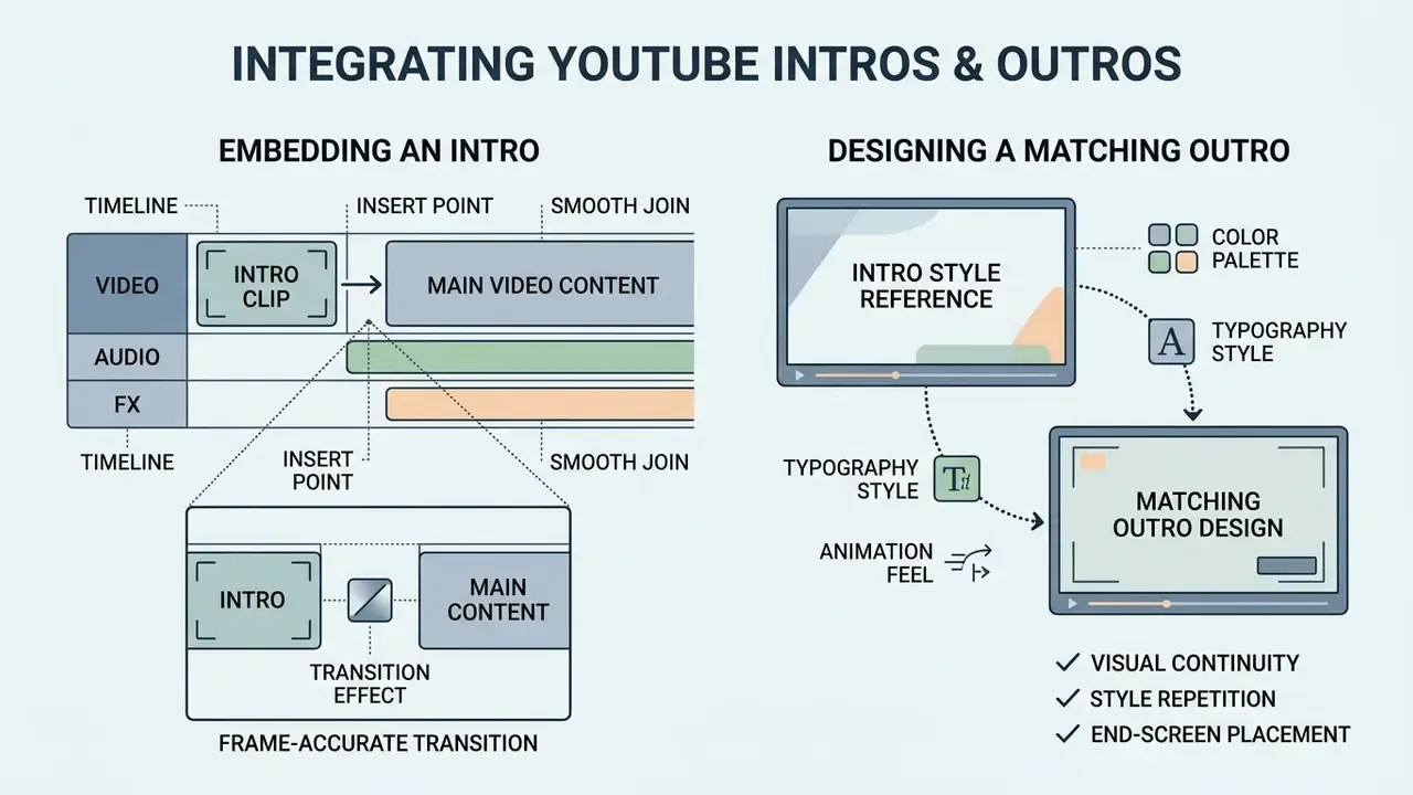 Diagram showing how to place intro clips on a timeline and design matching visual styles for an outro