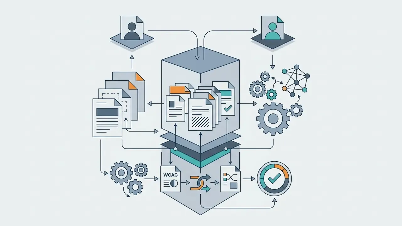 Central box processing documents and user icons with gears and a checkmark gauge for account management