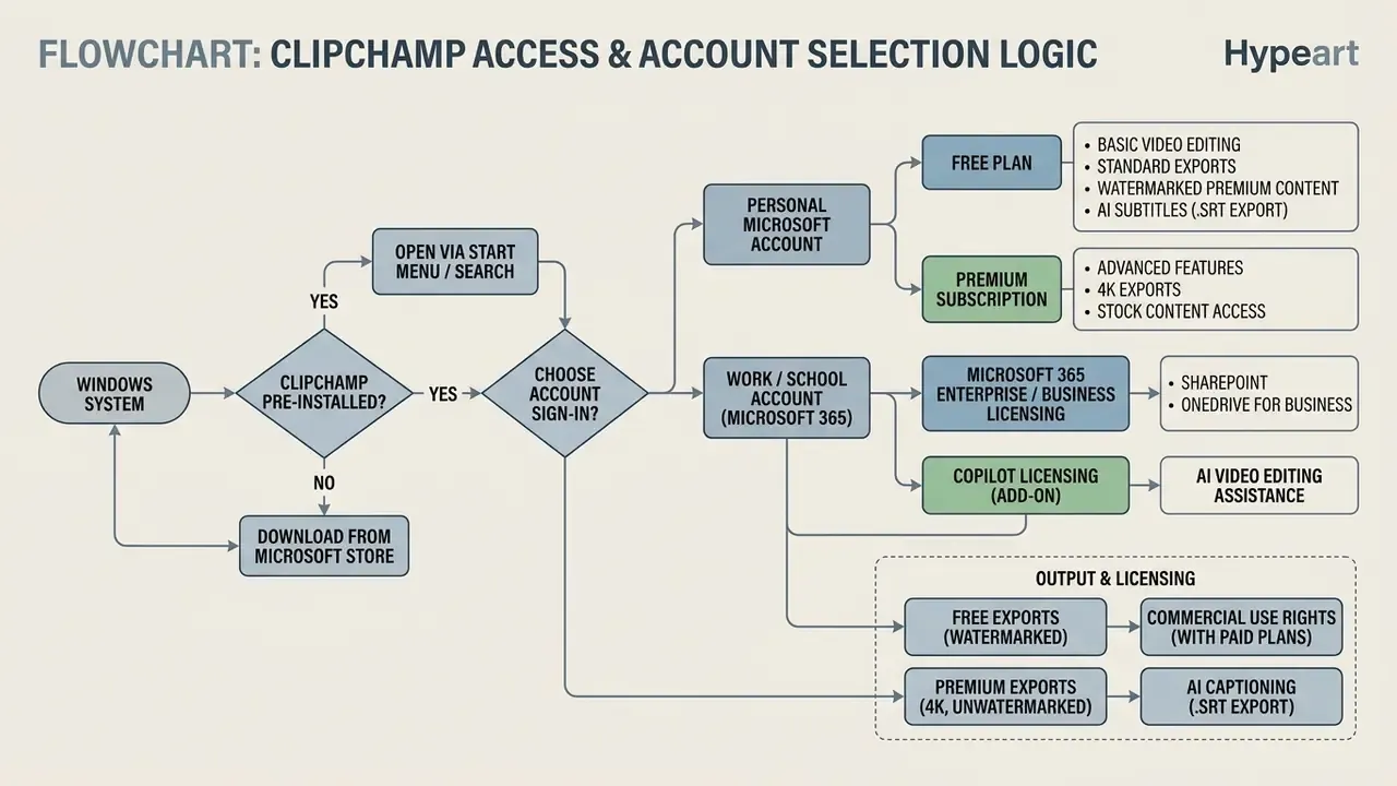 Decision tree mapping user account types to subscription plans and export capabilities for Clipchamp