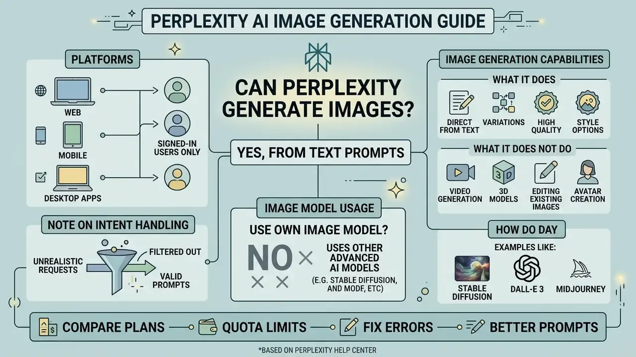 Infographic summarizing how Perplexity AI generates images from text prompts for signed-in users