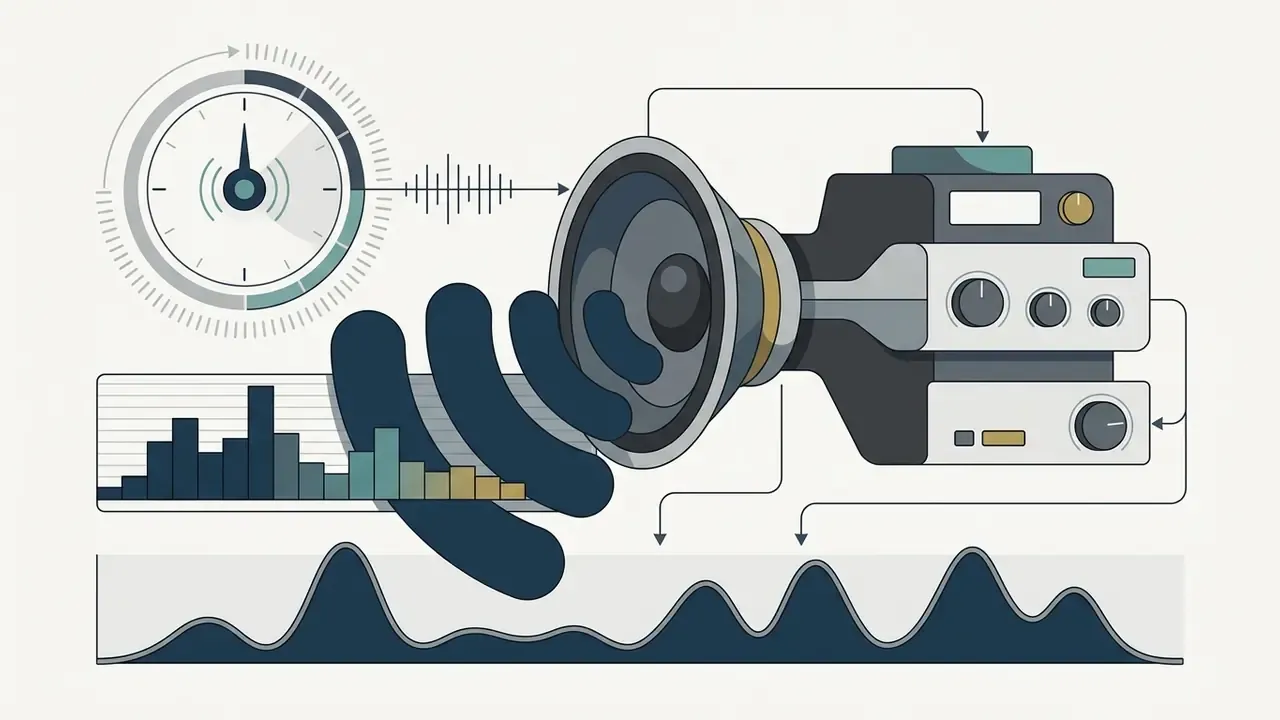 Speaker and audio equipment connected to a tempo gauge and frequency analysis charts