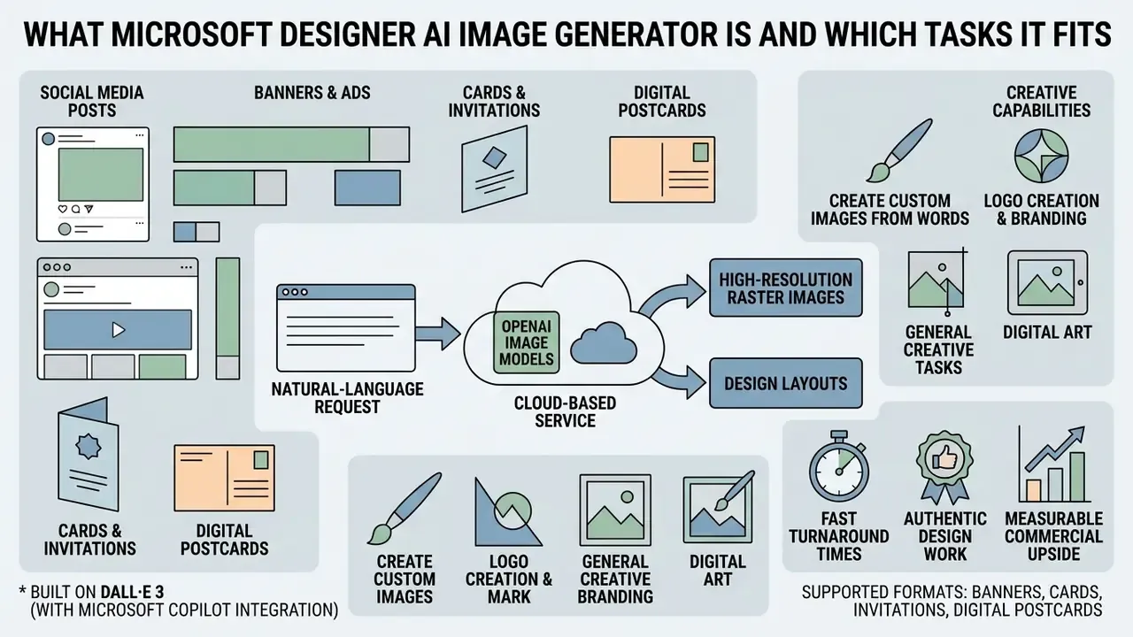 Infographic showing how Microsoft Designer AI converts text requests into various digital design outputs