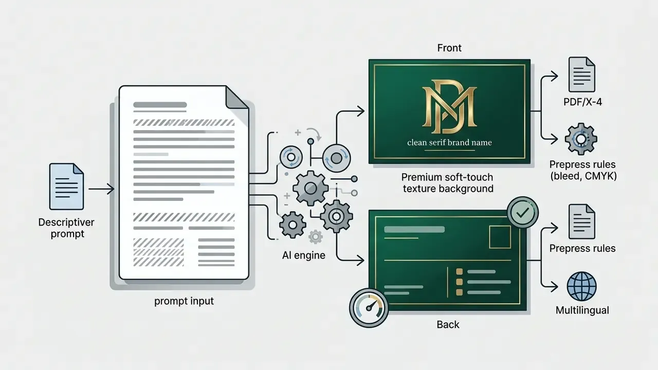 Descriptive prompt feeding into a gear mechanism to create front and back business card designs with exports
