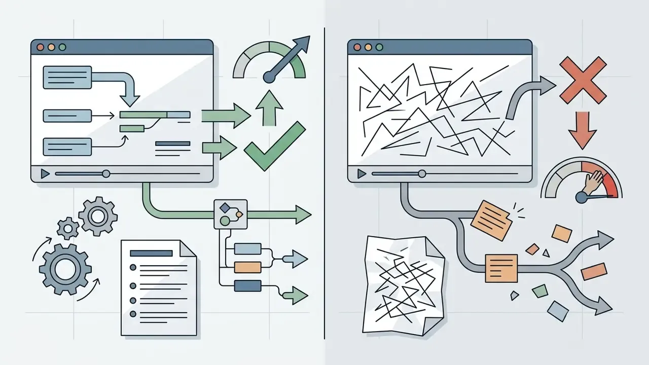 Side by side visual comparing organized script workflows against chaotic and inefficient content structures