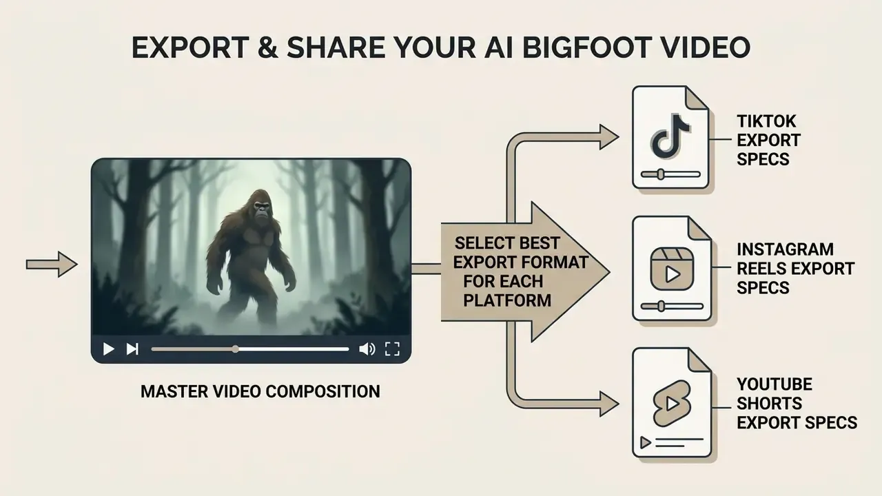 Flowchart showing how to select platform-specific export formats for a master AI Bigfoot video file