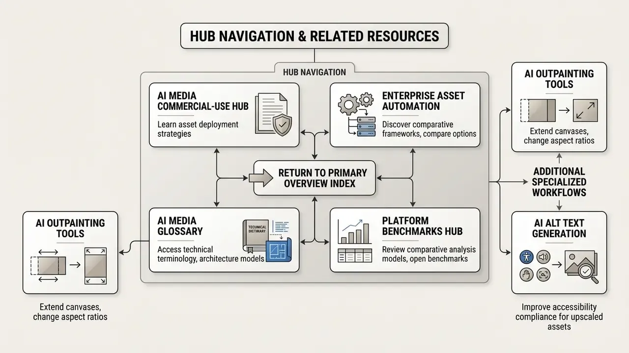 Map of resource hubs for commercial licensing, enterprise automation, terminology, and platform benchmarks