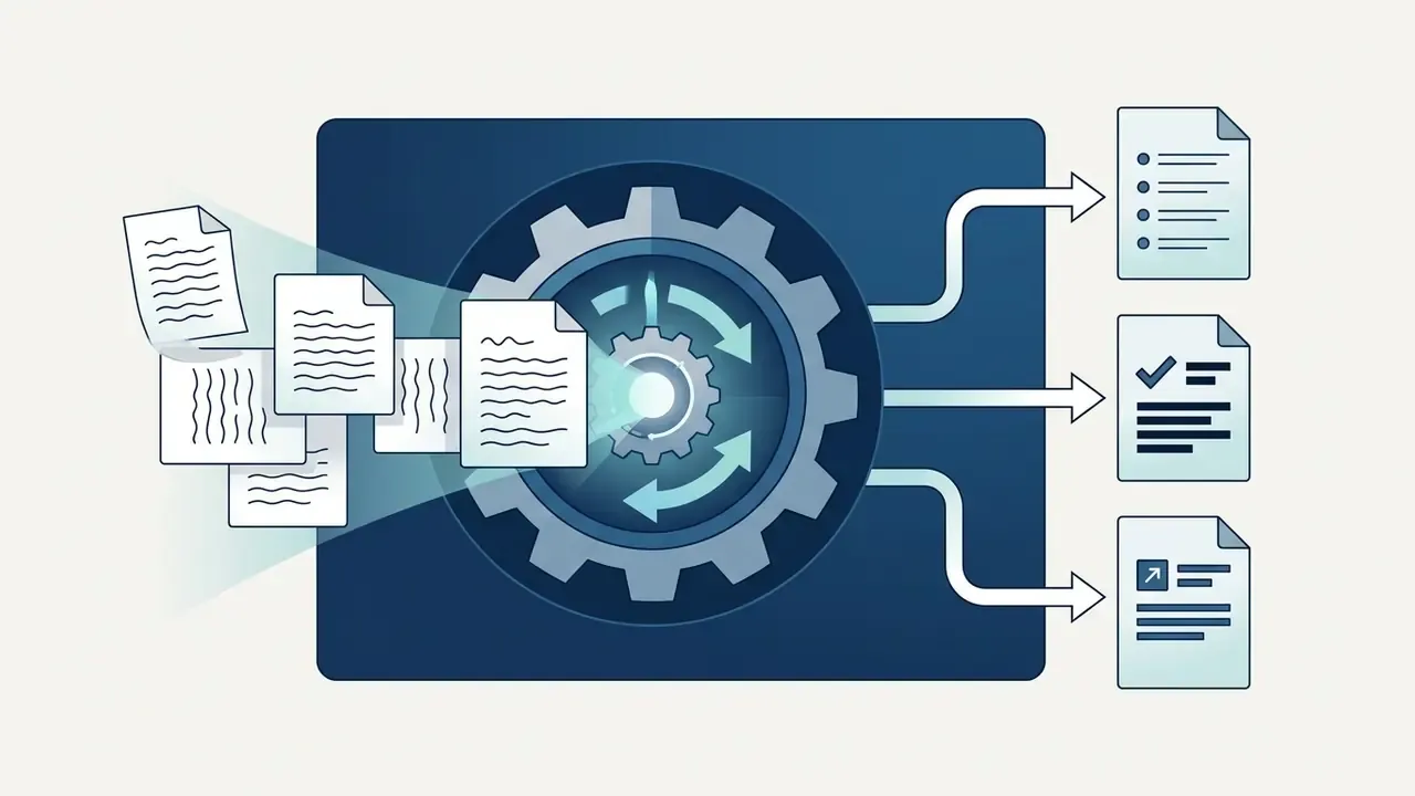 Documents feeding into a central gear mechanism that outputs three distinct summarized report files