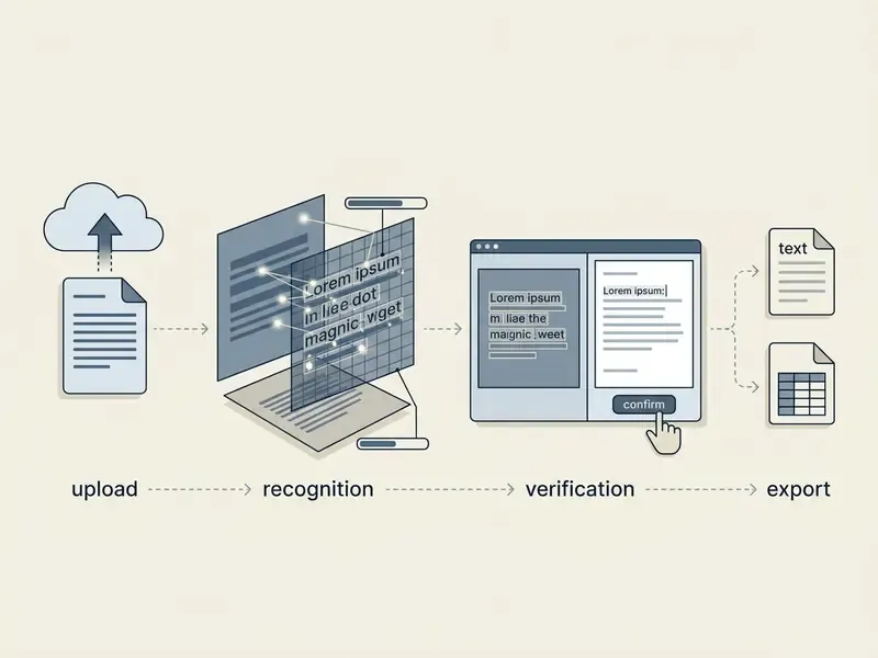 Sequential process diagram showing document upload, text recognition, verification, and file export