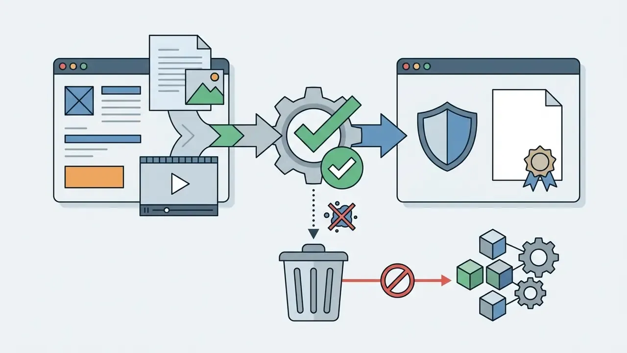 Workflow showing media files being processed into a certified document with automatic data deletion
