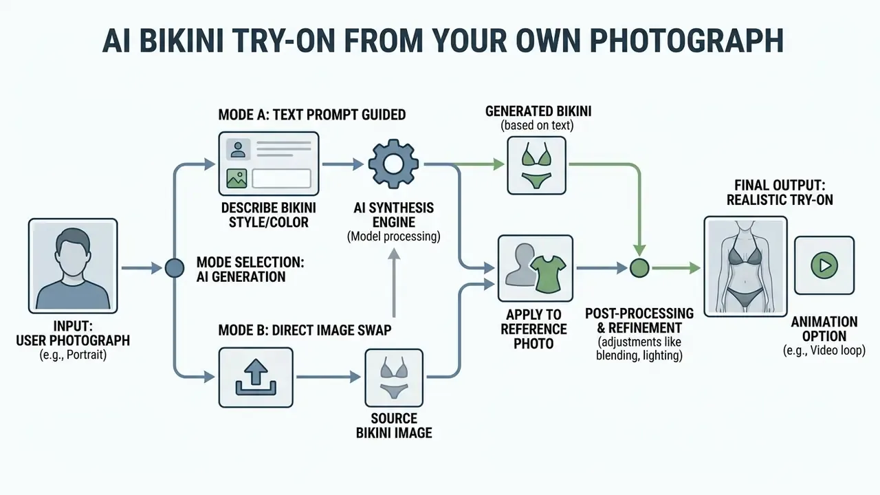 Flowchart displaying paths from user photo input to AI bikini generation through text or image swap modes