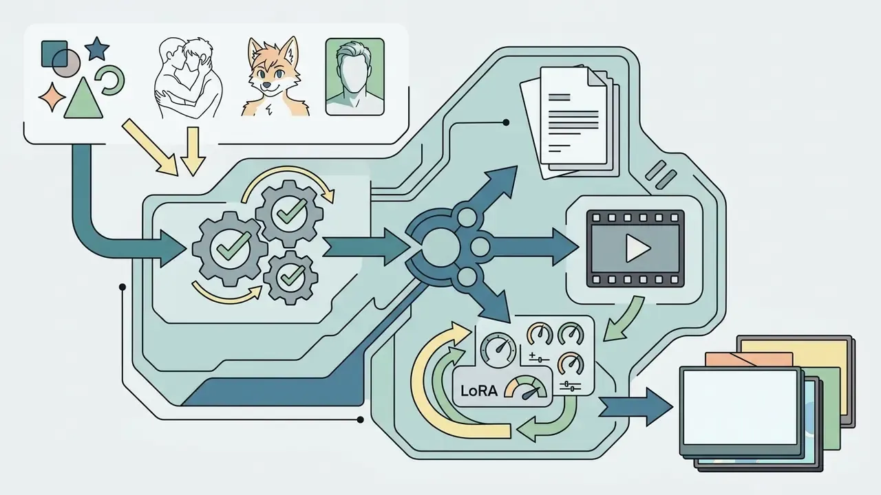 Icons of characters and shapes feeding into a system of gears, LoRA settings, and output screens