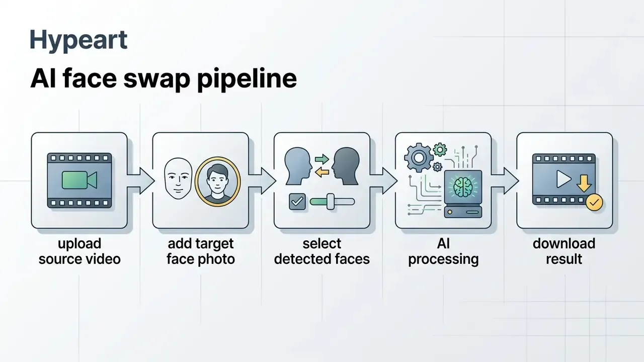 Five sequential steps showing how to perform a face swap video online free from upload to download