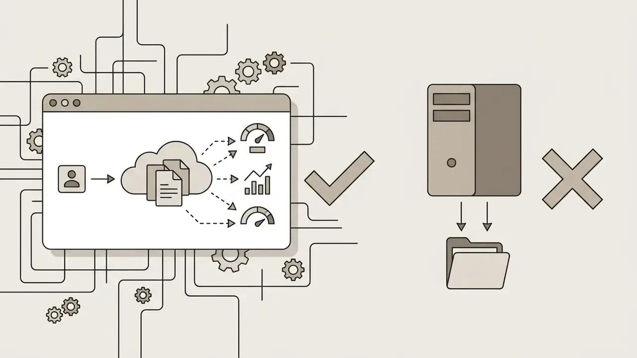 User account data flowing to cloud storage versus local desktop file processing with an X mark