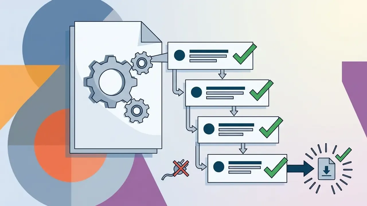 Document with gears connected to a sequence of task boxes leading to a final download icon