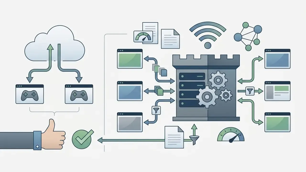 Network architecture showing cloud connections to game clients and a central server with gear icons