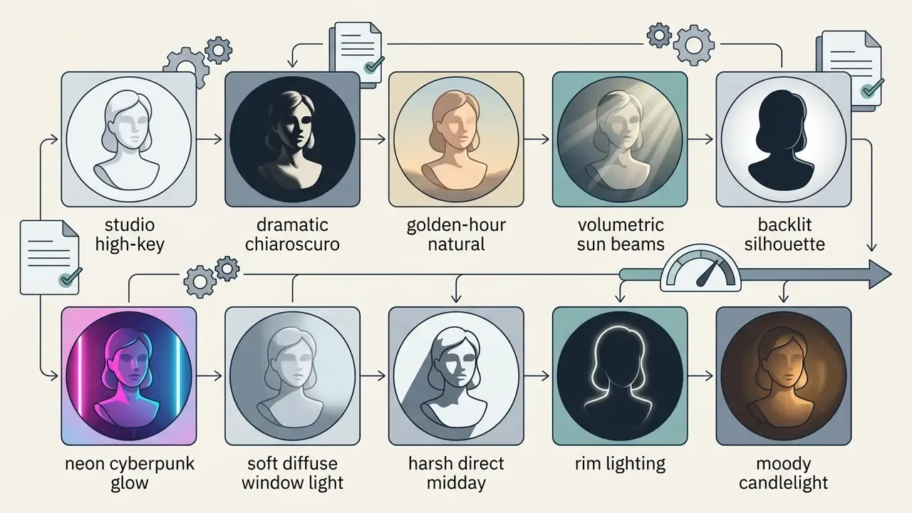 Ten circular portraits demonstrating various lighting presets for AI image generation