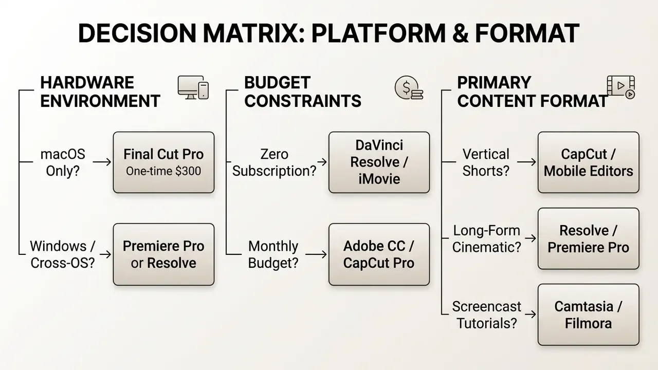 Decision tree categorizing video editing software by hardware, budget, and content format requirements