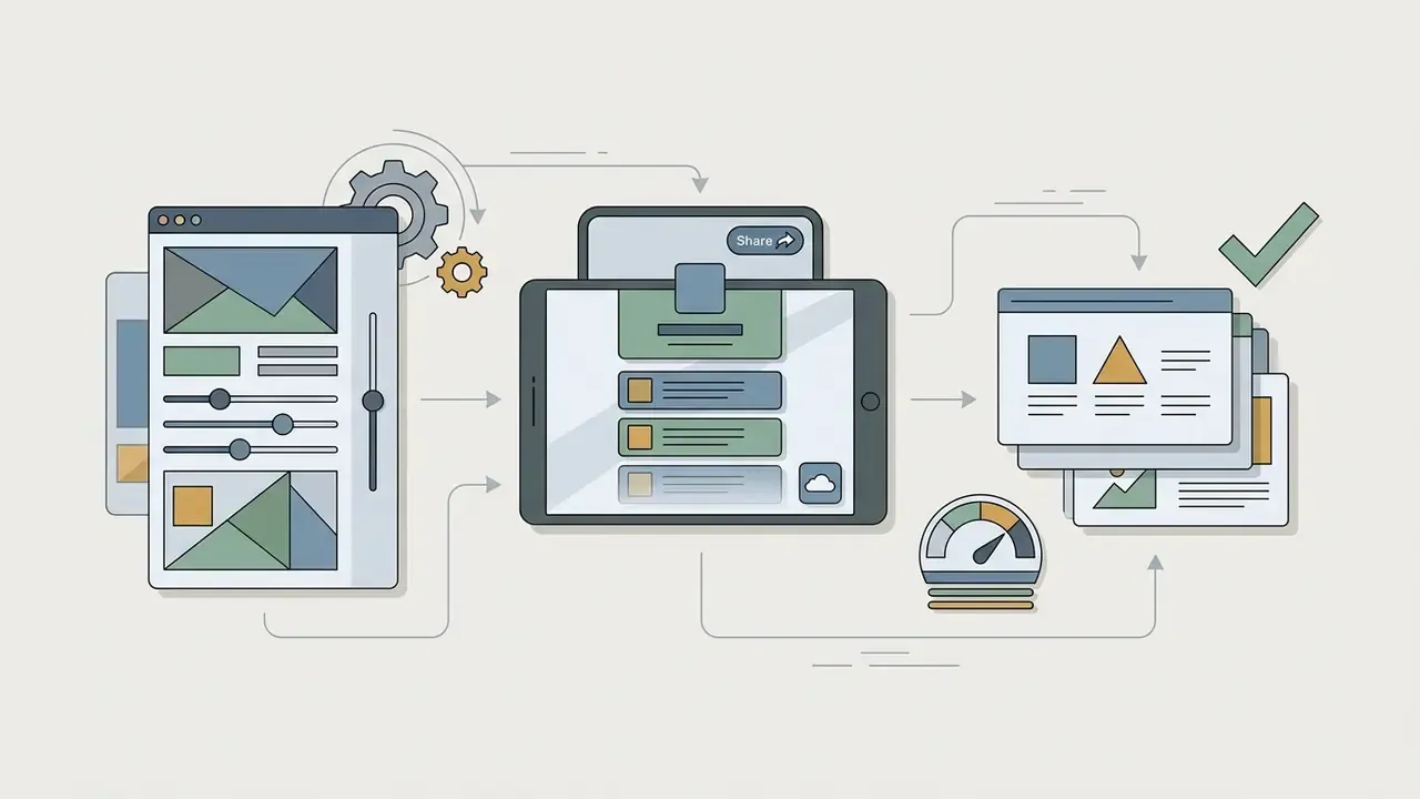 System interface showing design settings being applied to mobile bio-link pages and final web exports