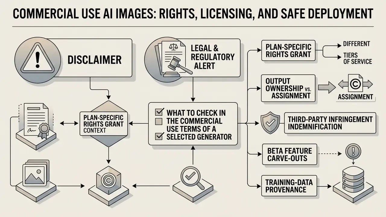 Infographic mapping legal considerations and ownership rights for commercial use of synthetic media