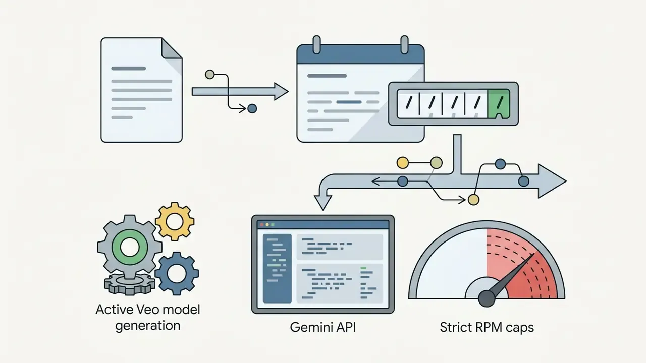 Document and calendar icons feeding into a processing pipeline with gears, code, and a speed gauge